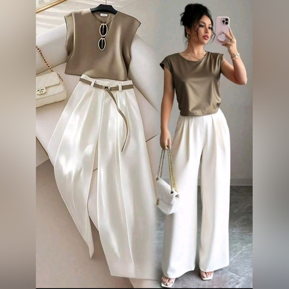 Women 2pcs Set Elegant Colorblock Blouse & Pants - Picture 1 of 5